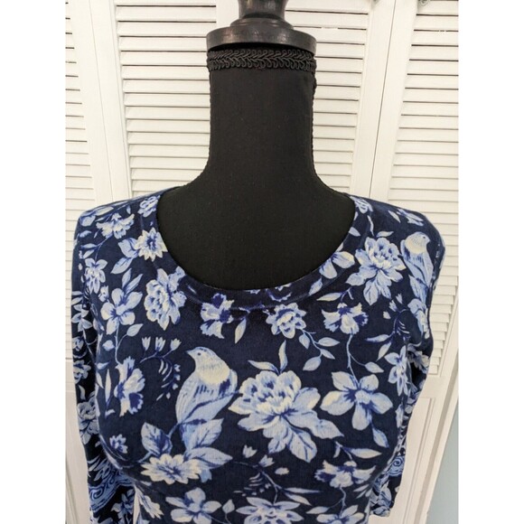 Talbots Sweater Women's sz P (XS) Petite India Ink Blue Bird Floral Toile Scoop - Picture 3 of 13